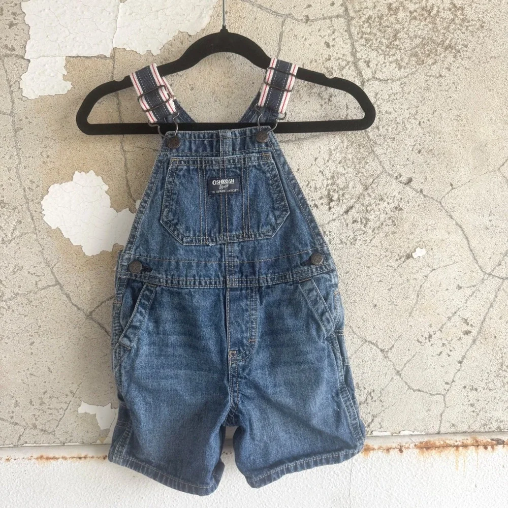 Vintage OshKosh Bgosh Denim Shortalls 18M Baby Overalls Striped Straps Carpenter